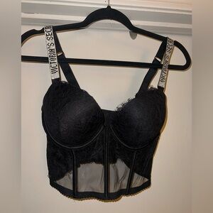 Black Lace Bustier with Embellished Straps Bra